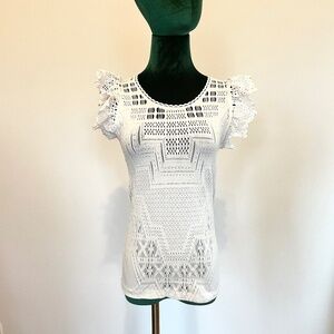 HIGH Tech Sheer Lace Stretch Top XS Romantic Ruffle Sleeve Modern Couture Fitted